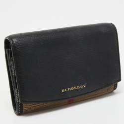 Pre Owned Burberry Beige/Black House Check Canvas and Leather Flap Wallet
