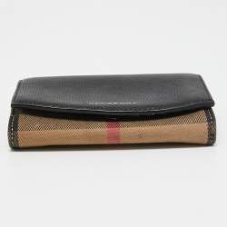 Pre Owned Burberry Beige/Black House Check Canvas and Leather Flap Wallet