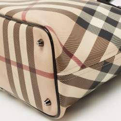 Pre Owned Burberry Black/Beige Nova Check Coated Canvas and Patent Leather Top Zip Tote