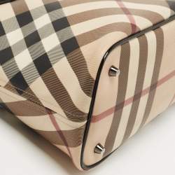Pre Owned Burberry Black/Beige Nova Check Coated Canvas and Patent Leather Top Zip Tote