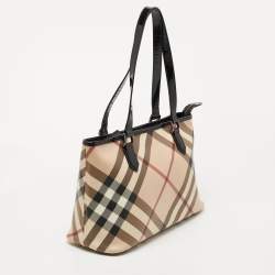 Pre Owned Burberry Black/Beige Nova Check Coated Canvas and Patent Leather Top Zip Tote