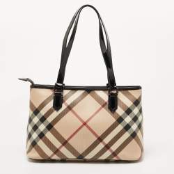 Pre Owned Burberry Black/Beige Nova Check Coated Canvas and Patent Leather Top Zip Tote
