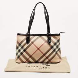 Pre Owned Burberry Black/Beige Nova Check Coated Canvas and Patent Leather Top Zip Tote