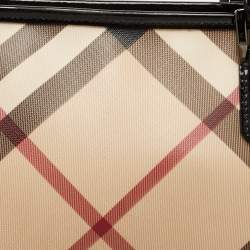 Pre Owned Burberry Black/Beige Nova Check Coated Canvas and Patent Leather Top Zip Tote