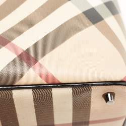 Pre Owned Burberry Black/Beige Nova Check Coated Canvas and Patent Leather Top Zip Tote