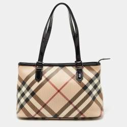 Burberry Black/Beige Nova Check Coated Canvas and Patent Leather Top Zip  Tote Burberry