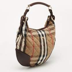Pre Owned Burberry Beige/Brown House Check Canvas and Leather Hoxton Hobo
