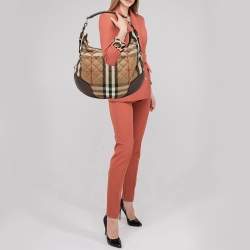 Pre Owned Burberry Beige/Brown House Check Canvas and Leather Hoxton Hobo