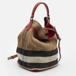 Burberry Red/Beige House Check Canvas and Leather Ashby Bucket Bag