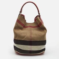 Burberry Red/Beige House Check Canvas and Leather Ashby Bucket Bag