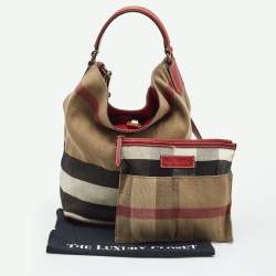 Burberry Red/Beige House Check Canvas and Leather Ashby Bucket Bag