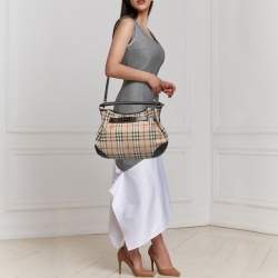 Pre Owned Burberry Beige/Brown Haymarket Check Coated Canvas and Leather Medium Willenmore Hobo