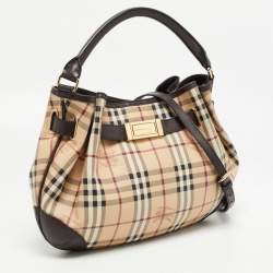 Pre Owned Burberry Beige/Brown Haymarket Check Coated Canvas and Leather Medium Willenmore Hobo