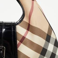 Pre Owned Burberry Black/Beige Nova Check PVC and Patent Leather Brooke Hobo