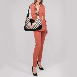 Pre Owned Burberry Black/Beige Nova Check PVC and Patent Leather Brooke Hobo