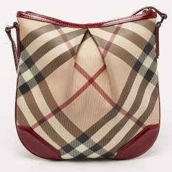 Pre Owned Burberry Beige/Maroon Nova Check Coated Canvas and Patent Leather Dryden Crossbody Bag