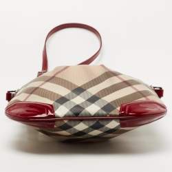 Pre Owned Burberry Beige/Maroon Nova Check Coated Canvas and Patent Leather Dryden Crossbody Bag