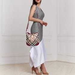 Pre Owned Burberry Beige/Maroon Nova Check Coated Canvas and Patent Leather Dryden Crossbody Bag