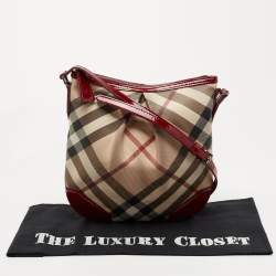 Pre Owned Burberry Beige/Maroon Nova Check Coated Canvas and Patent Leather Dryden Crossbody Bag