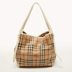 Pre Owned Burberry Beige/White Haymarket Check Coated Canvas and Patent Leather Small Canterbury Tote