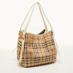 Pre Owned Burberry Beige/White Haymarket Check Coated Canvas and Patent Leather Small Canterbury Tote