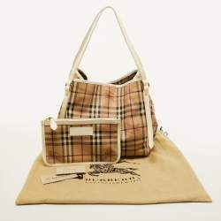 Pre Owned Burberry Beige/White Haymarket Check Coated Canvas and Patent Leather Small Canterbury Tote
