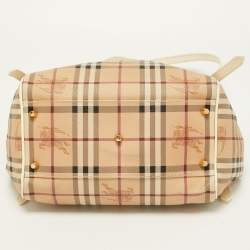 Pre Owned Burberry Beige/White Haymarket Check Coated Canvas and Patent Leather Small Canterbury Tote