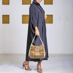 Pre Owned Burberry Beige/White Haymarket Check Coated Canvas and Patent Leather Small Canterbury Tote