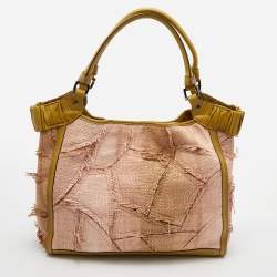 Pre Owned Burberry Beige/Green Raffia and Leather Covington Shopper Tote