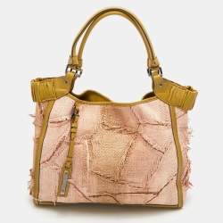 Pre Owned Burberry Beige/Green Raffia and Leather Covington Shopper Tote