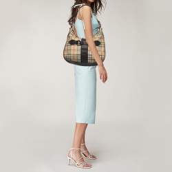 Pre Owned Burberry Dark Brown/Beige Haymarket Check Coated Canvas and Leather Hobo