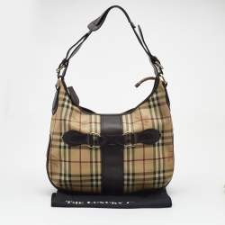 Pre Owned Burberry Dark Brown/Beige Haymarket Check Coated Canvas and Leather Hobo