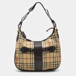 Pre Owned Burberry Dark Brown/Beige Haymarket Check Coated Canvas and Leather Hobo