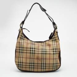 Pre Owned Burberry Dark Brown/Beige Haymarket Check Coated Canvas and Leather Hobo