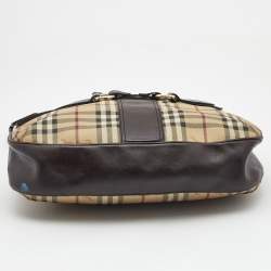 Pre Owned Burberry Dark Brown/Beige Haymarket Check Coated Canvas and Leather Hobo