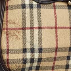 Pre Owned Burberry Dark Brown/Beige Haymarket Check Coated Canvas and Leather Hobo