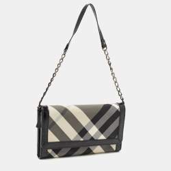 مملوكة مسبقًا Burberry Black Beat Check Nylon and Patent Leather Flap Wallet on Chain