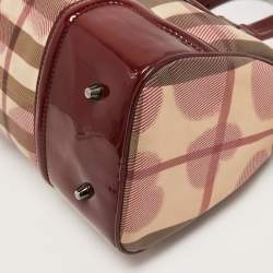 Pre Owned Burberry Red House Check PVC and Patent Leather Hearts Pilgrim Satchel
