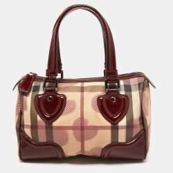 Pre Owned Burberry Red House Check PVC and Patent Leather Hearts Pilgrim Satchel