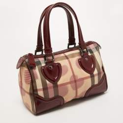 Pre Owned Burberry Red House Check PVC and Patent Leather Hearts Pilgrim Satchel