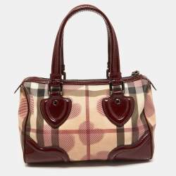 Pre Owned Burberry Red House Check PVC and Patent Leather Hearts Pilgrim Satchel