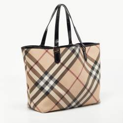 Pre Owned Burberry Black/Beige Super Nova Check PVC and Patent Leather Large Nickie Tote