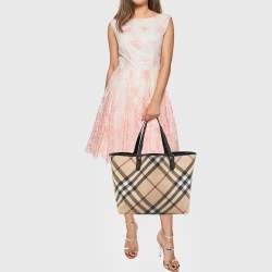 Pre Owned Burberry Black/Beige Super Nova Check PVC and Patent Leather Large Nickie Tote
