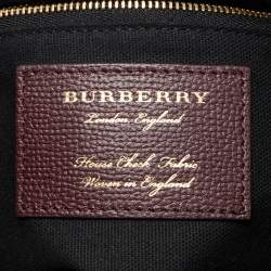 Pre Owned Burberry Burgundy/Beige Leather and House Check Fabric Small Banner Tote