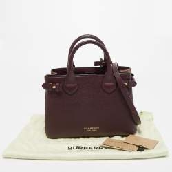 Pre Owned Burberry Burgundy/Beige Leather and House Check Fabric Small Banner Tote