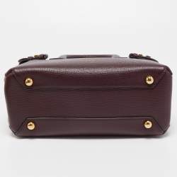 Pre Owned Burberry Burgundy/Beige Leather and House Check Fabric Small Banner Tote