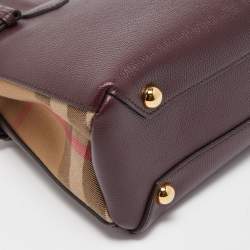 Pre Owned Burberry Burgundy/Beige Leather and House Check Fabric Small Banner Tote