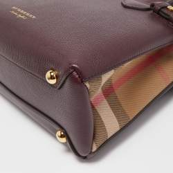Pre Owned Burberry Burgundy/Beige Leather and House Check Fabric Small Banner Tote