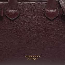 Pre Owned Burberry Burgundy/Beige Leather and House Check Fabric Small Banner Tote