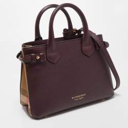Pre Owned Burberry Burgundy/Beige Leather and House Check Fabric Small Banner Tote